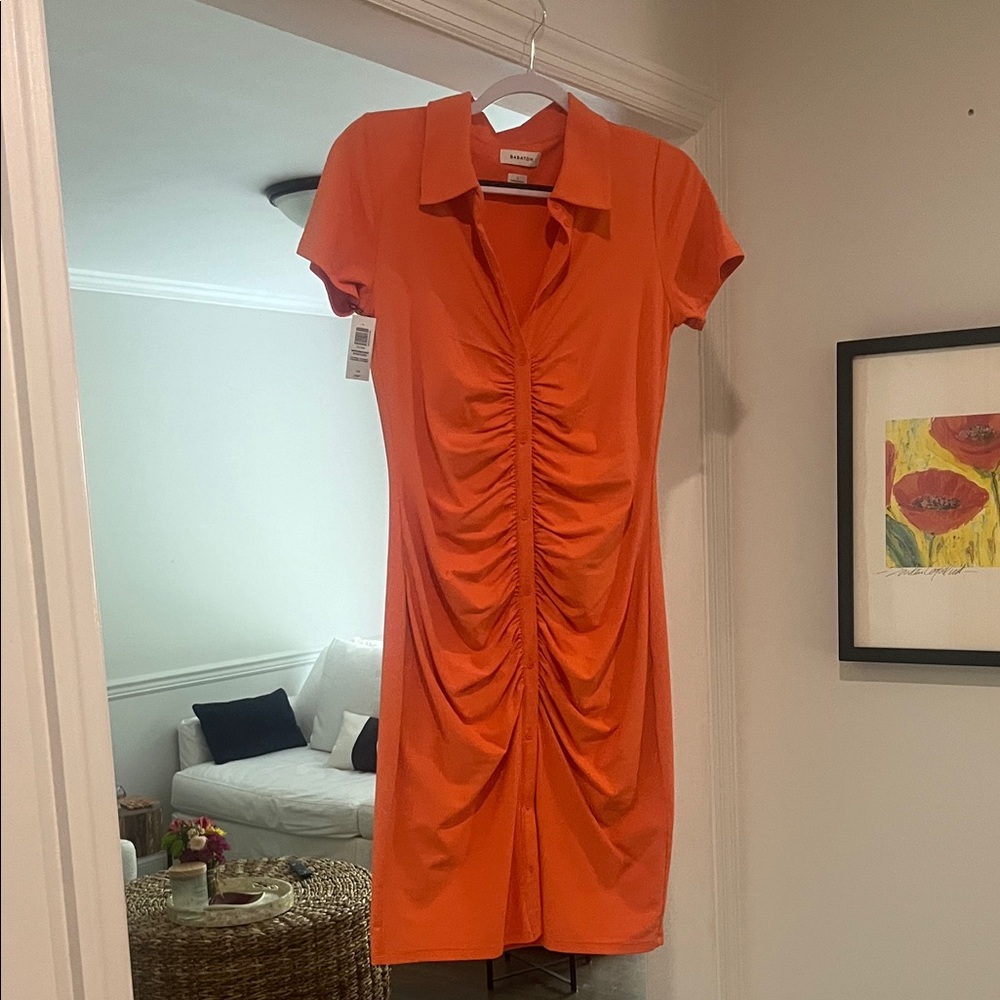 Aritzia Babaton Vibrant Tangerine Ruched Mini Dress